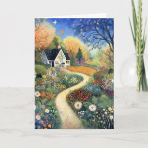 Carte Whimsical Country Cottage Scène Bonjour Salutation