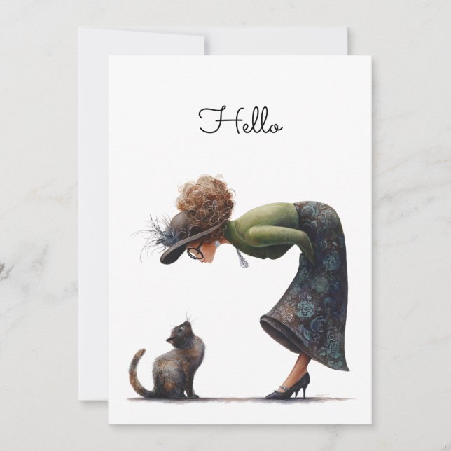 Carte Whimsical Cute Chat et la Dame Hello plat (Devant)