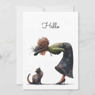 Carte Whimsical Cute Chat et la Dame Hello plat