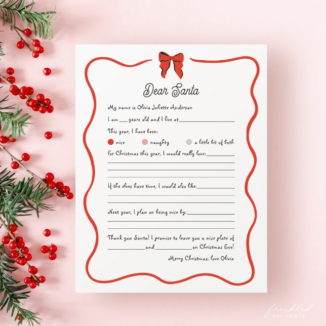 Carte Whimsical Dear Santa Wish List for Kids (Whimsical Dear Santa Wish List Letter)