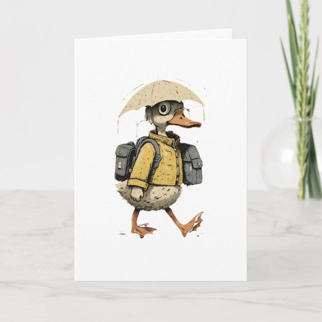 Carte Whimsical Duck Walking in Rain Art (Devant)