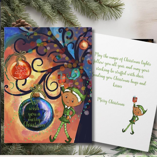 Carte Whimsical Elf Holding Gift & Bird Christmas Card (Whimsical Elf Holding Gift & Bird Christmas Card)