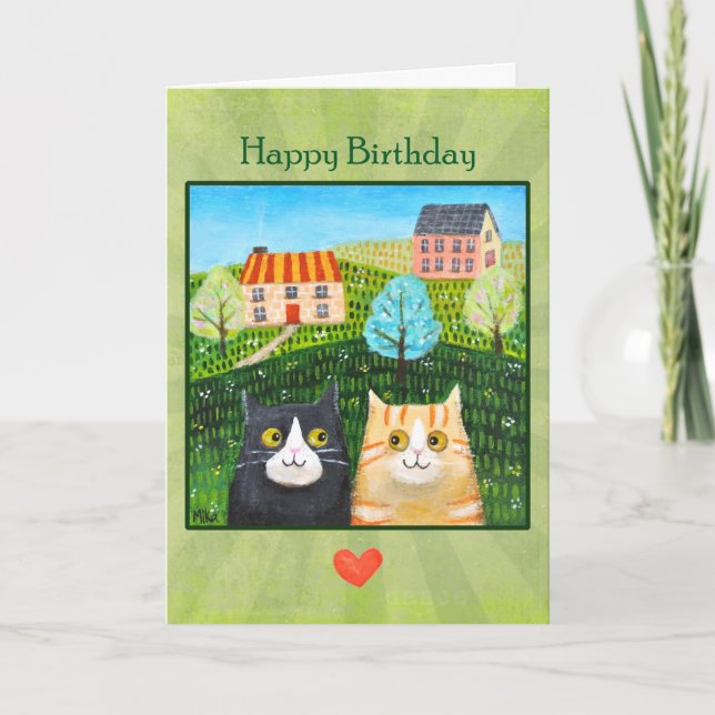 Carte Whimsical Folk Art Cats Custom Message birthday  (Devant)