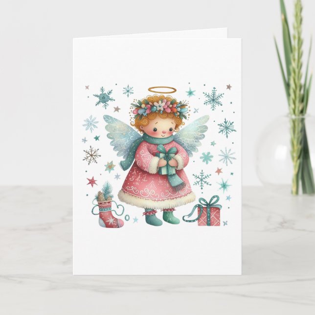Carte Whimsical mignon rose et bleu Ange de Noël (Devant)
