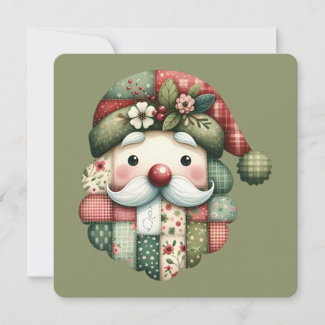Carte Whimsical Patchwork Santa Folk Christmas Flat Card (Devant)
