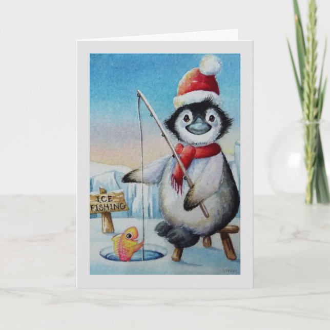 Carte Whimsical Penguin Ice Fishing Aquarelle Art (Devant)