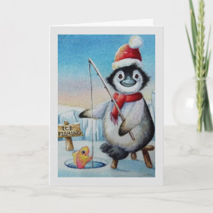 Carte Whimsical Penguin Ice Fishing Watercolor Art