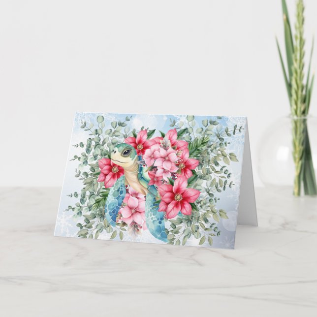 Carte Whimsical Pink Florals & Sea Turtle (Devant)