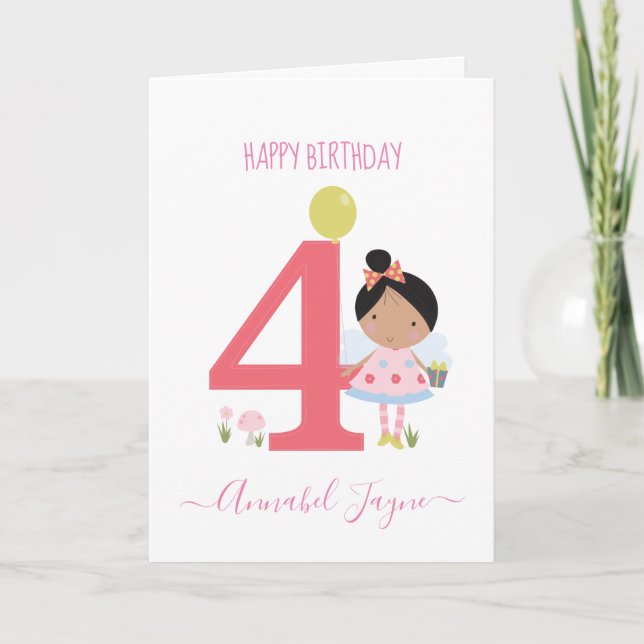 Carte Whimsical quatrième anniversaire fée filles mignon (Devant)