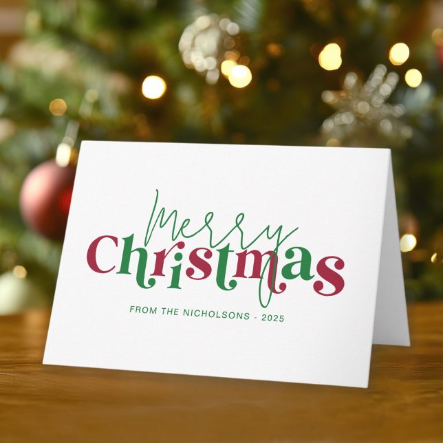 Carte Whimsical Retro Merry Christmas with Family Name (Personalize with your name and family annual message!)