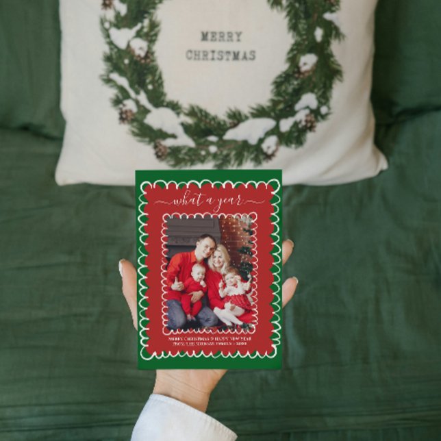 Carte Whimsical What a Year Photo Collage Noël (whimsical christmas cards hand drawn xmas trendy doodle festive  red and green photo collage simple )