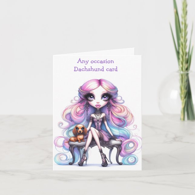 Carte Whimsical Wide Eye Girl et Dachshund (Devant)