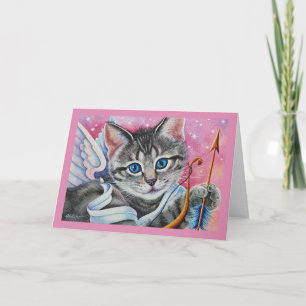 Carte Whimssical Cupid Tabby Kitty Chat Aquarelle Art