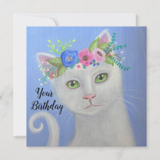 Carte White Cat I Flower Crown Whimsal Art