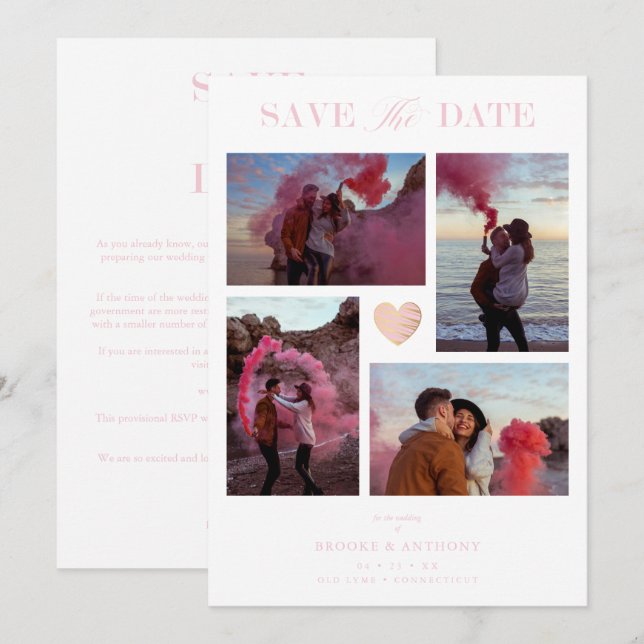 Carte White Collage Wedding Pink Heart 4 Photos Covid19 (Devant / Derrière)