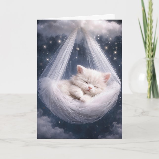 Carte White Kitten Hanging from Tulle Hammock and Cloud (Devant)