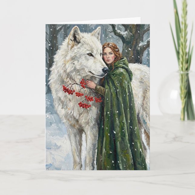 Carte White Wolf Redhead Druid Winter Berries Fantasy Ar (Devant)