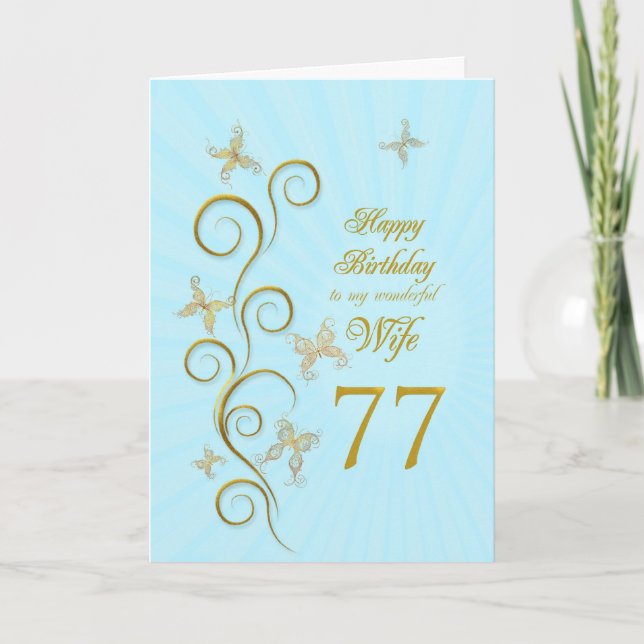 Carte Wife 77th Birthday with golden butterflies (Devant)