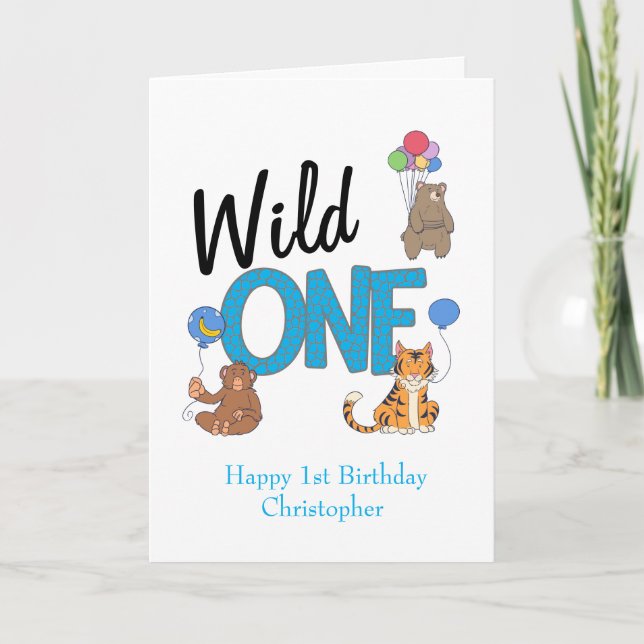 Carte Wild One Boys premier anniversaire Safari Jungle A (Devant)