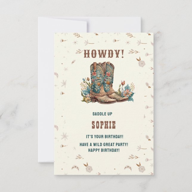 Carte Wild West cowgirl heureux anniversaire saluant (Devant)