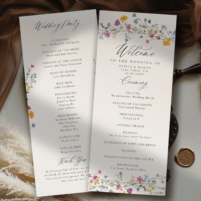 Carte Wildflower Grace Modern Elegant Wedding Program (wildflower wedding theme program romantic colorful watercolor pastel floral timeless classic)