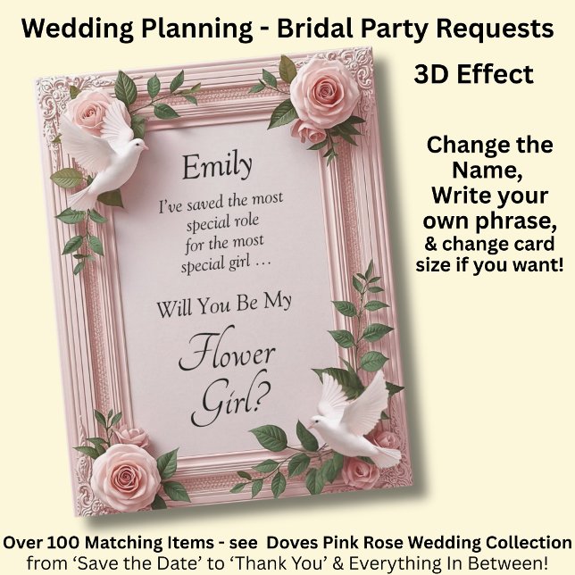 Carte Will You Be My Flower Girl?   Pink Roses & Doves (Créateur téléchargé)