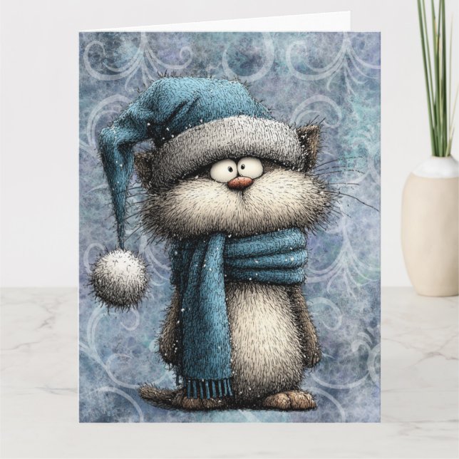 Carte Winter Blue Christmas Cat With Hat And Scarf (Devant)