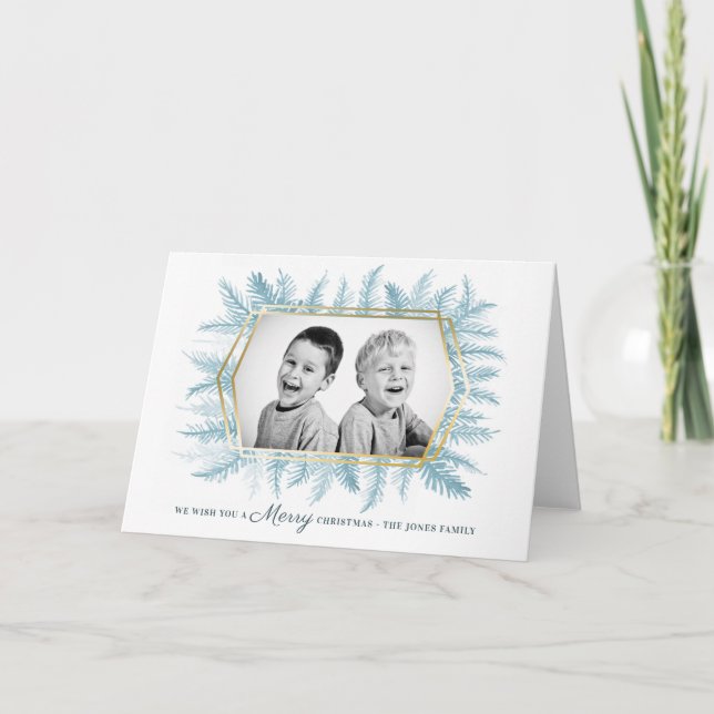 Carte Winter evergreen foliage watercolor blue holiday (Devant)