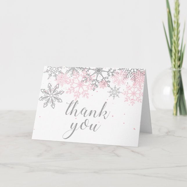 Carte Winter Onederland Pink Silver snowflake merci (Devant)