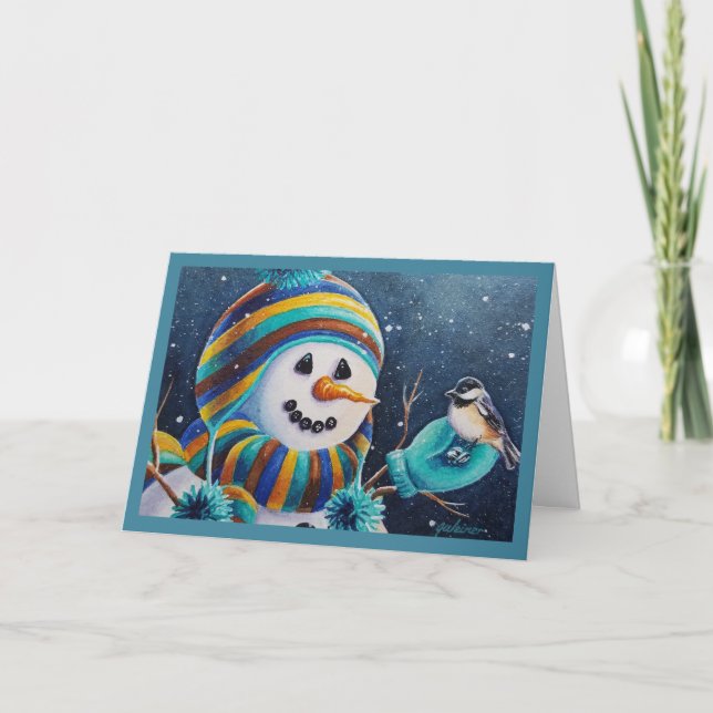 Carte Winter Snowman nourrit Chickadee Bird Aquarelle Ar (Devant)