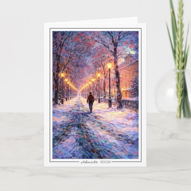 Carte Winter Walk Under Streetlights – Impressionist (Devant)