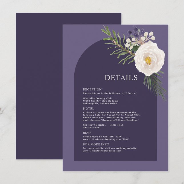 Carte Winter White Botanical Purple Détails du Mariage (Devant / Derrière)