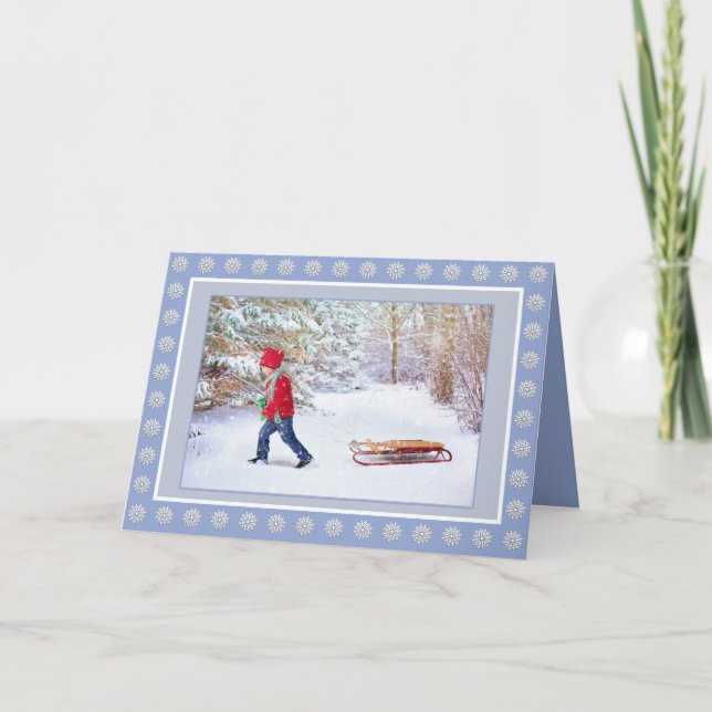 Carte Winter Wonderland avec Boy et son traîneau (Devant)