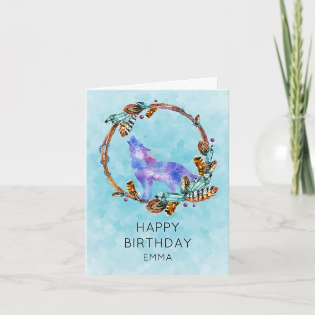 Carte Wolf aquarelle avec un style boho Wreath Anniversa (Devant)