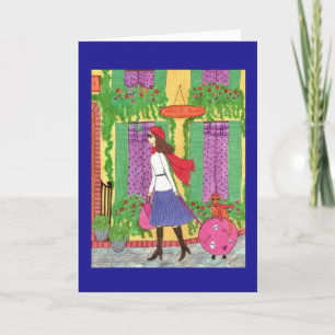 Carte Woman, Cat, Suitcase, Travel, Paris Greeting Card
