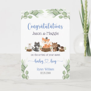 Carte Woodland Animal Nouveau bébé Garçon bleu Félicitat