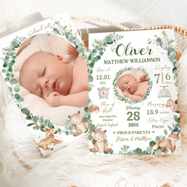 Carte Woodland Animals Baby Birth Statistiques Annonce (zazzle-chic-woodland-animals-greenery-gender-neutral-boy-girl-birth-stats-photo-announcement-cards)