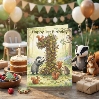 Carte Woodland Animals Number 1 | First Birthday Photo