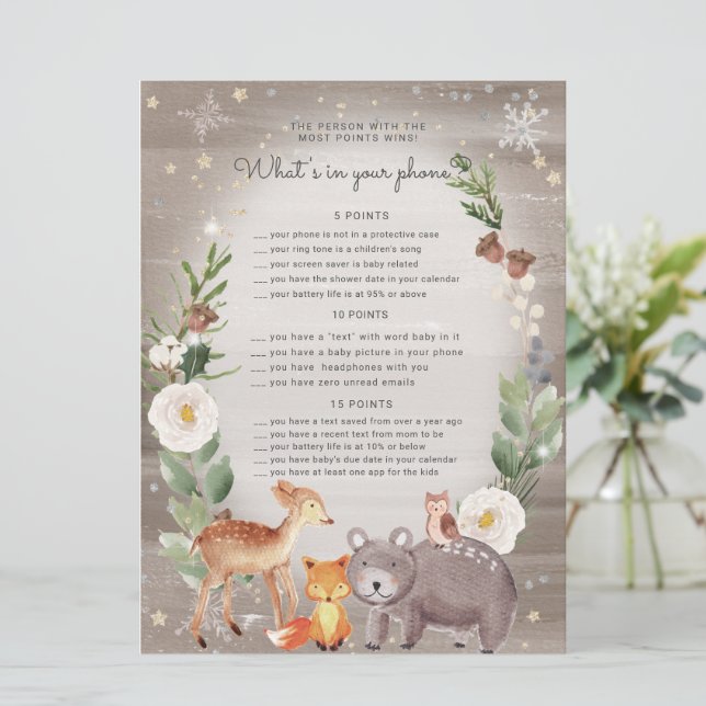 Carte Woodland Animaux Baby shower Phone Game Card (Debout devant)