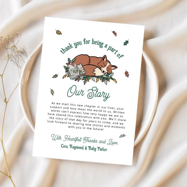 Carte Woodland Fox Storybook Baby shower Merci ("Our Story" Woodland Fox Baby Shower Thank You Cards)