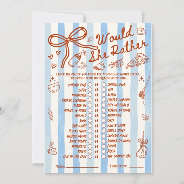 Carte Would She Rather Baby Shower Game in Blue (Devant)