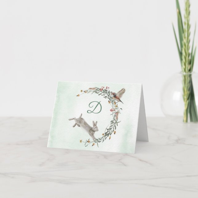 Carte Wreath de lapin et de monogramme d'oiseaux (Devant)