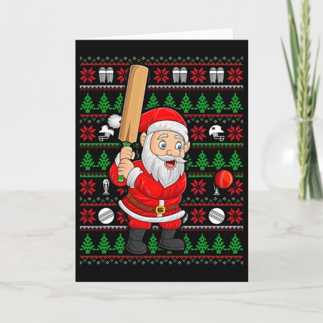 Carte Xmas Ugly Sweater Style Santa Playing Cricket Chri (Devant)