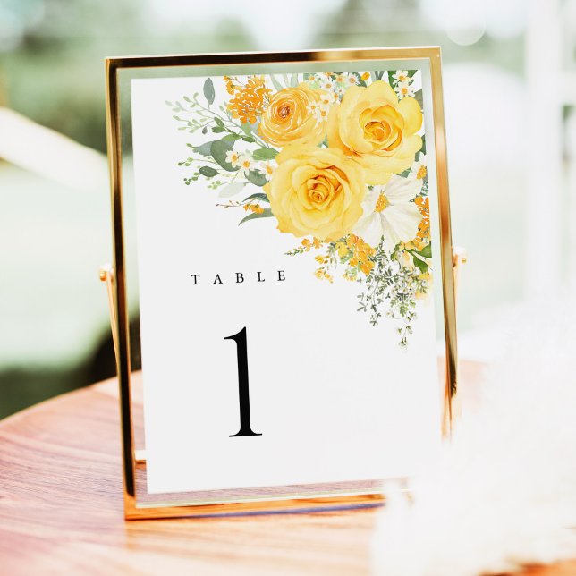 Carte Yellow Floral Rose Wedding Table Numbers (Yellow rose wedding table number sign, watercolor floral table number card, elegant reception decor)