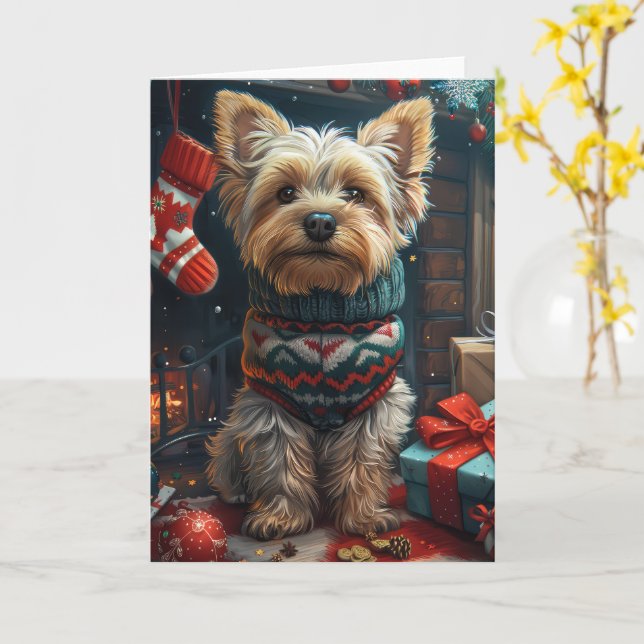 Carte Yorkshire Terrier Avec Cheminée Cadeaux De Noël (Fleur jaune)