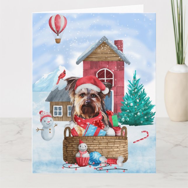Carte Yorkshire Terrier Chien Dans Maison De Noël enneig (Devant)