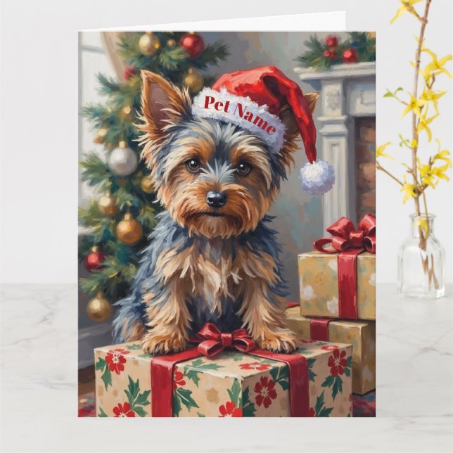 Carte Yorkshire Terrier on Presents with Santa Hat (Fleur jaune)