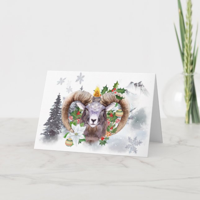 Carte Yule Ram Winter Solstice Snowy Mountain Holiday (Devant)