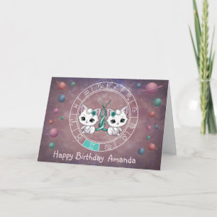 Carte Zodiac Gemini Cute Chat Roue Planète Astrologie