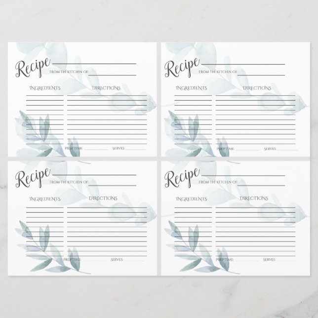 Cartes à recettes florale bleu poussiéreux (Devant)